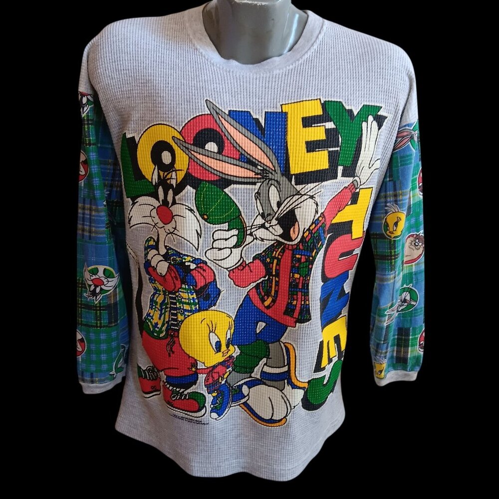 Vintage T-shirt Medium 1994 90s Looney Tunes Crew AOP SUN SPORTSWEAR Waffle